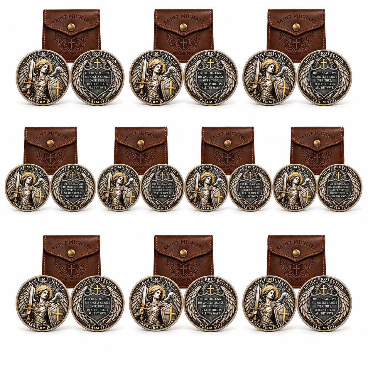 Saint Michael Archangel Challenge Coin with Pouch, Psalm 91:11 Double-Sided Christian Keepsake, Inspirational Religious Gift