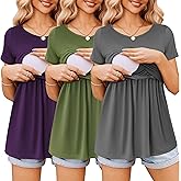 Ekouaer Womens Nursing Tops 3 Packs Short Sleeve Breastfeeding Shirts Double Layer Postpartum Shirt S-XXL