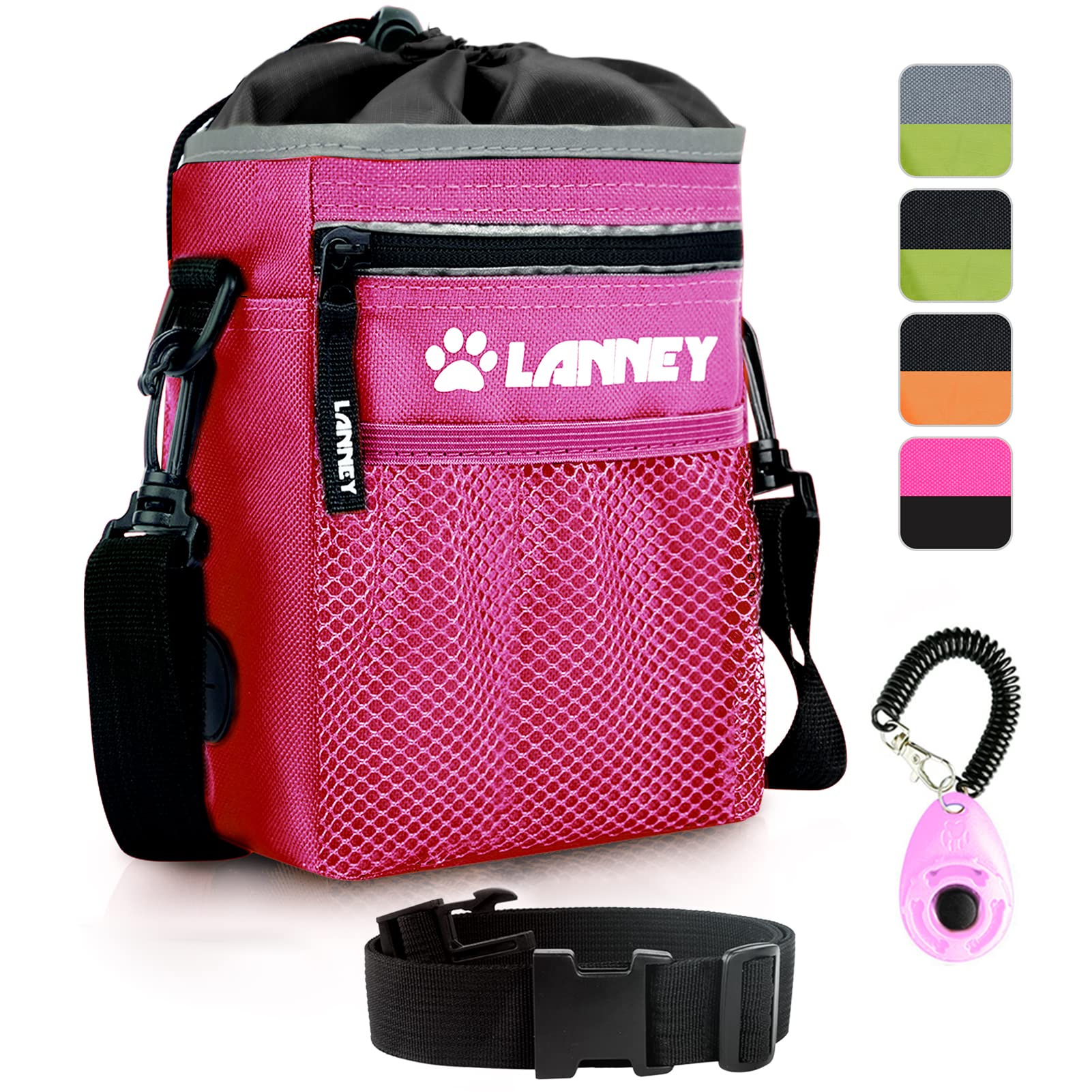 Dog Treat Pouch Pet Training Bag for Small to Large Dogs, Treat Tote Carry Kibble Snacks Toys for Training Reward Walking, Metal Clip, Waist belt, Shoulder Strap, Poop Bag Dispenser and Clicker