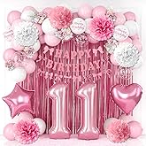 11th Birthday Decorations for Girls Pink Number 11 Balloon Bow Coquette Happy Birthday Banner Fringe Curtain Paper Pom Poms Star Heart Foil Pink White Balloons 11 Year Old Party Decor