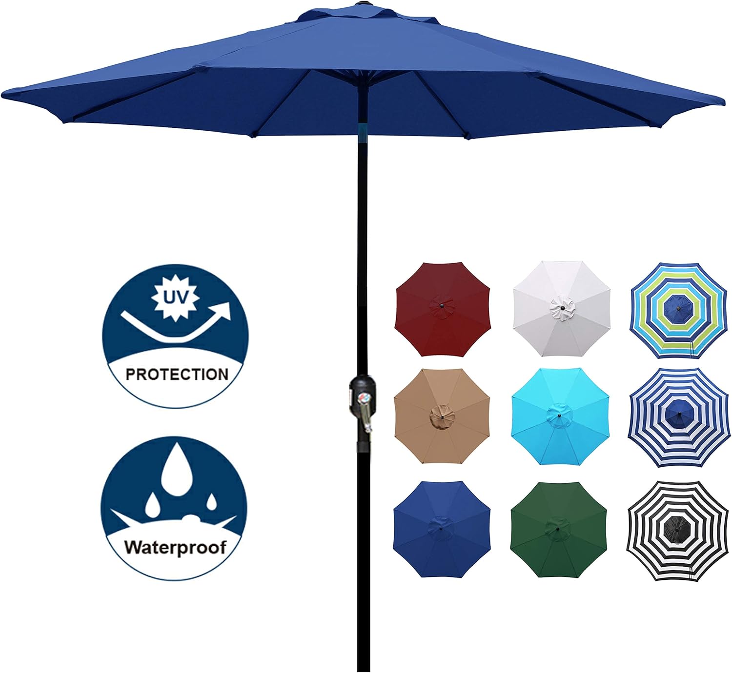 Blissun 9' Outdoor Aluminum Patio Umbrella, Striped Patio Umbrella, Market Striped Umbrella with Push Button Tilt and Crank (Navy Blue)