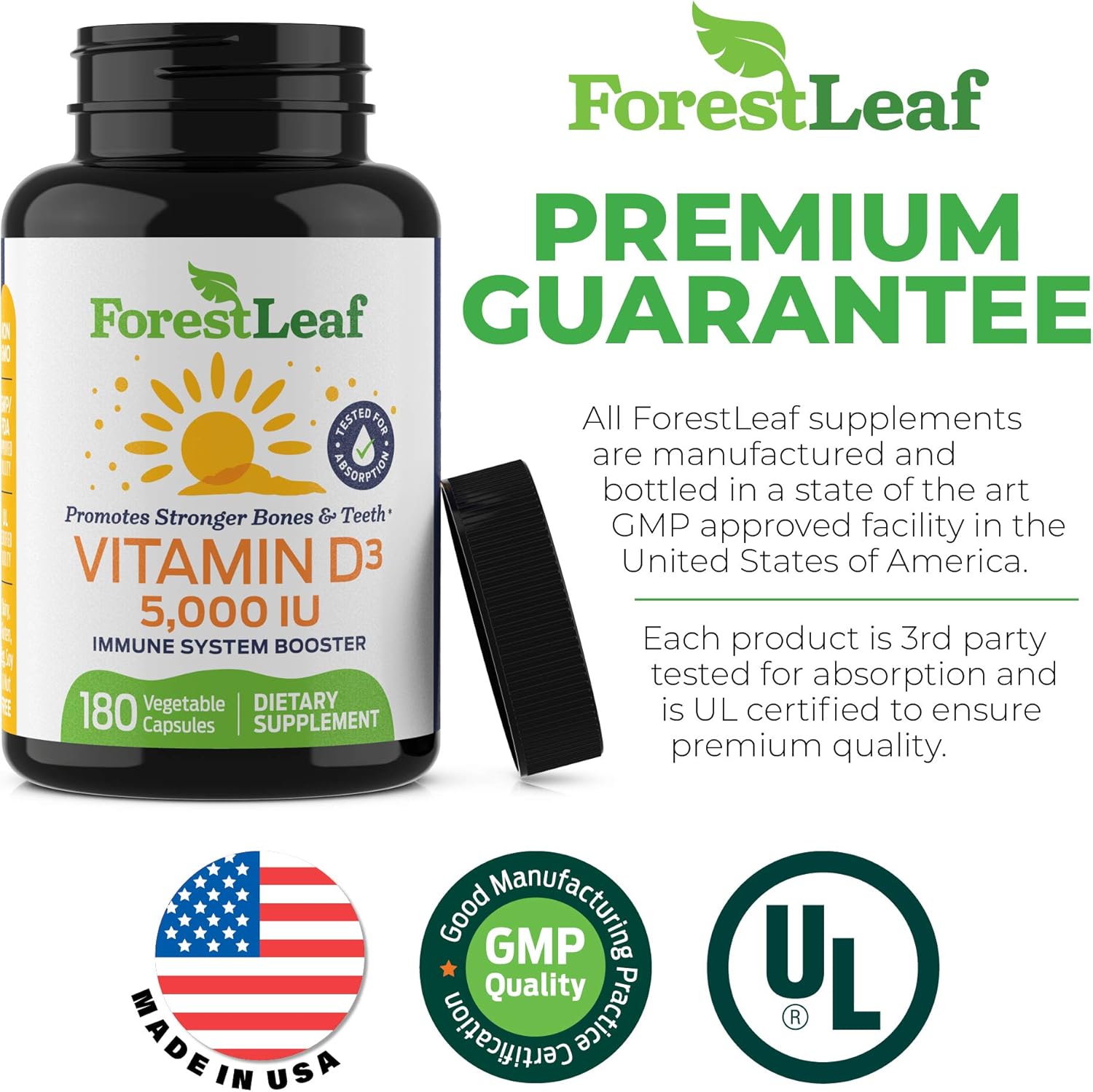 Vitamin D3 5,000 IU Daily Supplement - 180 Vegetable Capsules - by ForestLeaf: Health & Personal Care