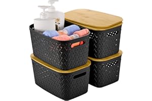 Anysig Plastic Storage Bins with Bamboo Lids 4 Packs - Pantry Organization and Storage Containers Storage Baskets: Stackable Storage Bins for Shelves Drawers Closet Office 11.9 x 7.7 x 6.3 inch