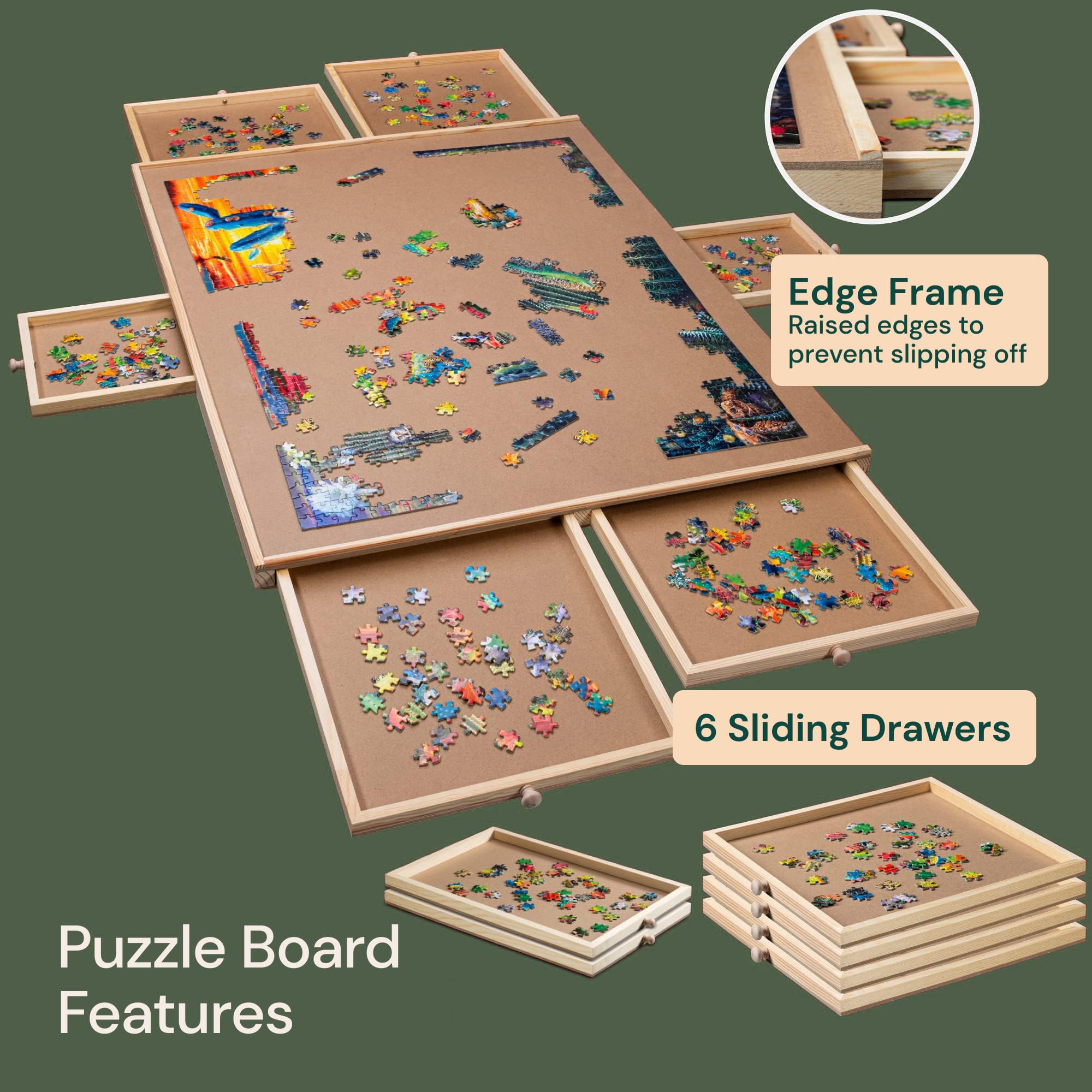 PlayVibe 1500 Piece Puzzle Board with Drawers and Cover - Jigsaw Solve Station - Portable Puzzle Table with Drawers, Tray & Accessories - Raised Edges to Prevent Slipping