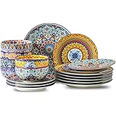 glowworm Dinnerware Sets for 6, 18 Pieces Plates and Bowls Set, Ceramic Dishes Set for 6, Oven, Microwave & Dishwasher Safe, Scratch Resistant, Bohemian