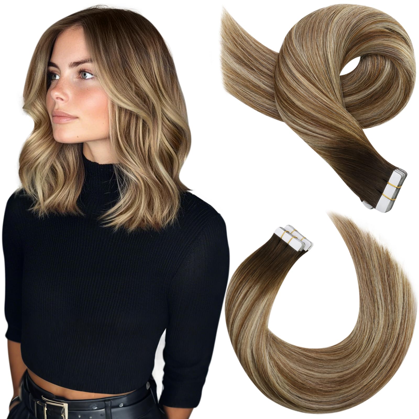 Moresoo Tape in Hair Extensions Human Hair Ombre Brown Tape in Human Hair Extensions Balayage Brown and Blonde Real Remy Hair 12 Inch 20 Pieces/30g #4/6/613 — image 1