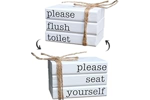 LIVDUCOT Farmhouse Mini Bathroom Sign Decor Funny Wooden Book Stack for Tray Decor Bathroom Shelf Sitter 2 Signs in 1 Reversible Mini Book Set of 3 for Restroom Decor Rustic Sign