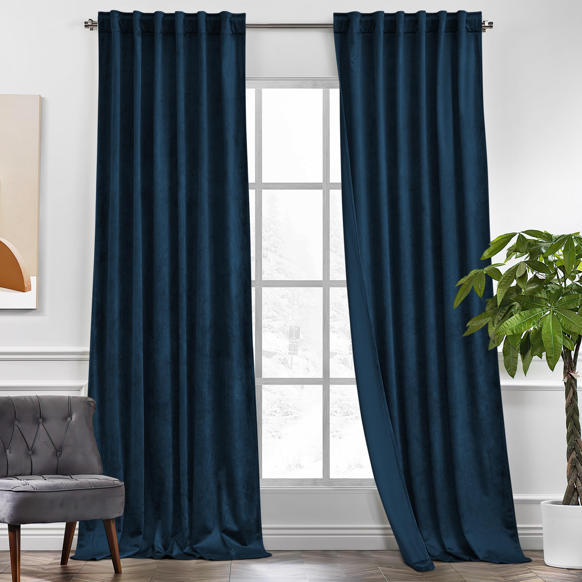 KGORGE Navy Blue Velvet Curtains 90 inches 2 Panels, Velvet Blackout Curtains for Bedroom Living Room, Soft Darkening Thermal Insulating Window Drapes, Back Tab Rod Pocket, W 52 x L 90 Image