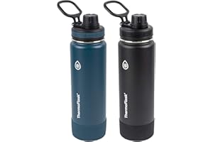 ThermoFlask Bottle with Spout Lid - Stainless Steel Water Bottles with Double-Wall Insulation & BPA-Free Spout Lids - Leak-Proof Reusable Bottles & Lids - 24 oz, Mayan Blue/Black (2 Pack)