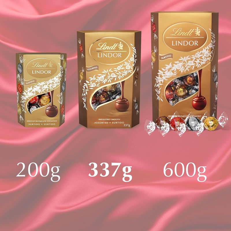 bombones LINDOR SURTIDO CORNET incluye bombones chocolate negro al 70% de cacao, chocolate con leche, chocolate negro, delicioso bombón con interior de chocolate cremoso, 337g