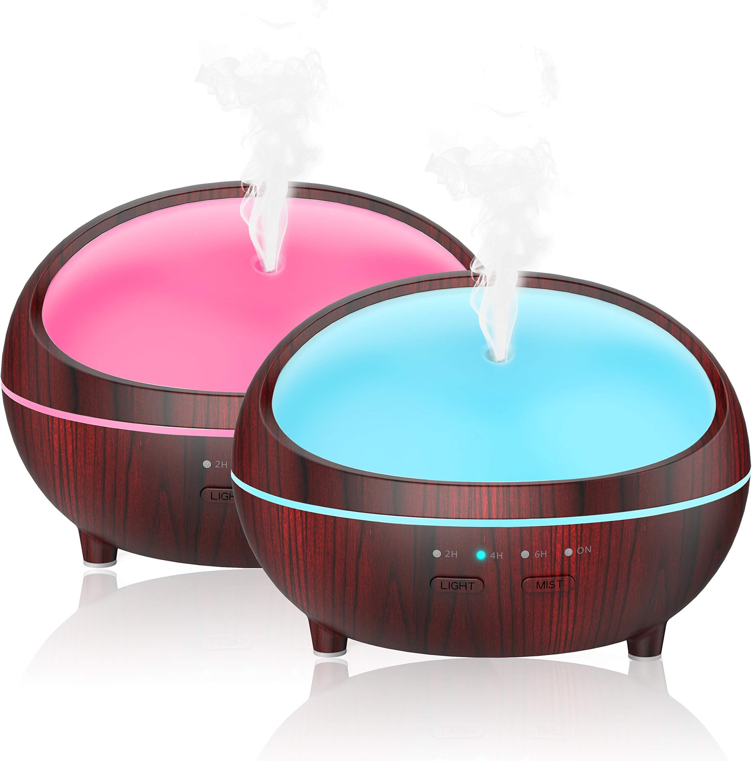 Aromatherapy Diffusers for Essential Oils, 2 Pack Essential Oil Diffuser Cool Mist Humidifiers, 300ml Wood Grain Oil Diffuser with 4 Timer Setting, 7 Color Light for Baby Bedroom Home Office Yoga Spa