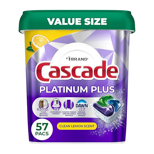CASCADE PLATINUM PLUS DISHWASHER PODS, DISHWASHER DETERGENT, DISH DETERGENT SOAP, LEMON, 57 COUNT