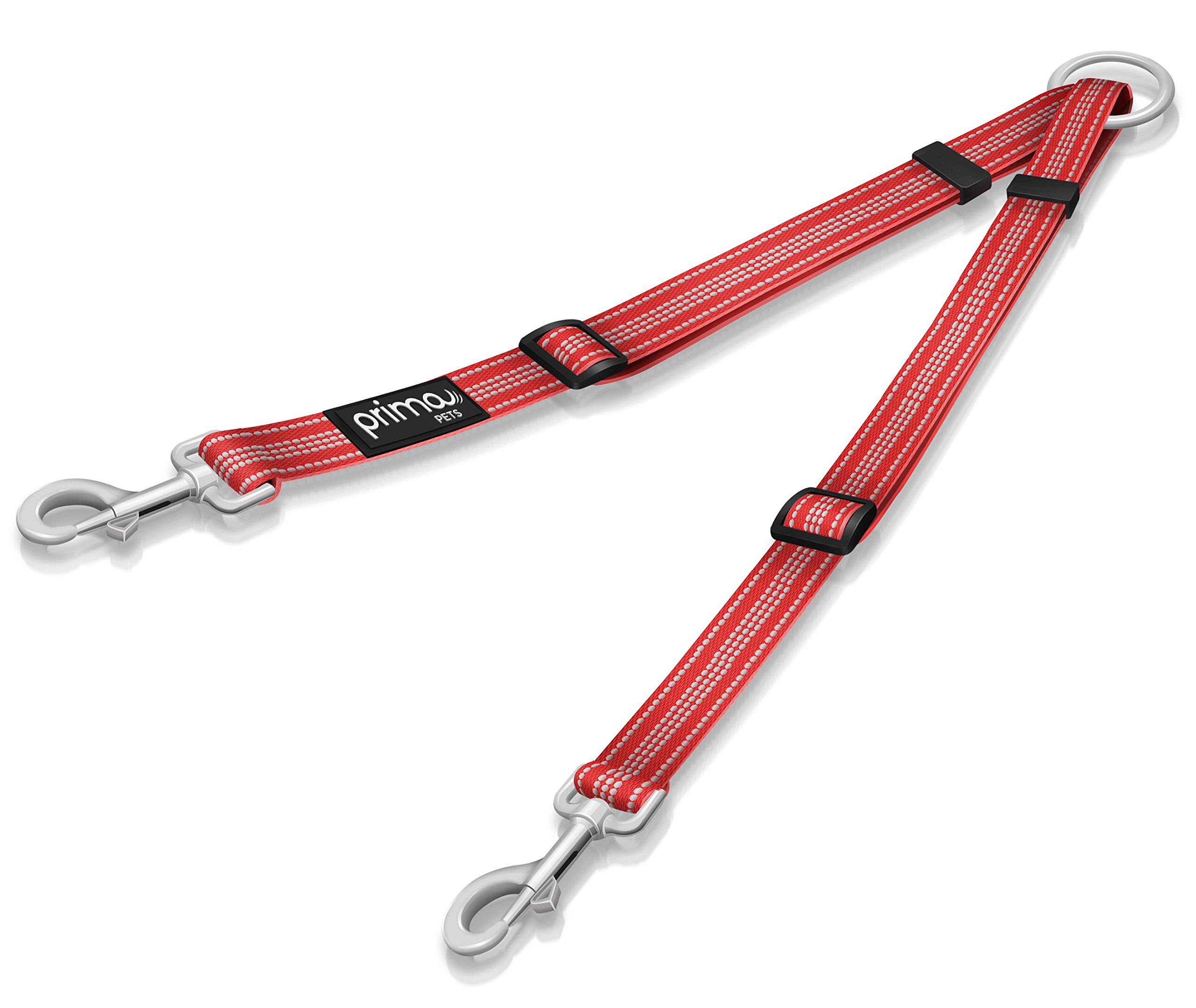 Prima Pet Reflective Adjustable Double Dog Coupler - Each Side Adjusts 28 cm to 51 cm in Length - Strong Nylon Lead Splitter - Walk 2 Dogs with Ease (SMALL - 1.5 cm Width, RED)