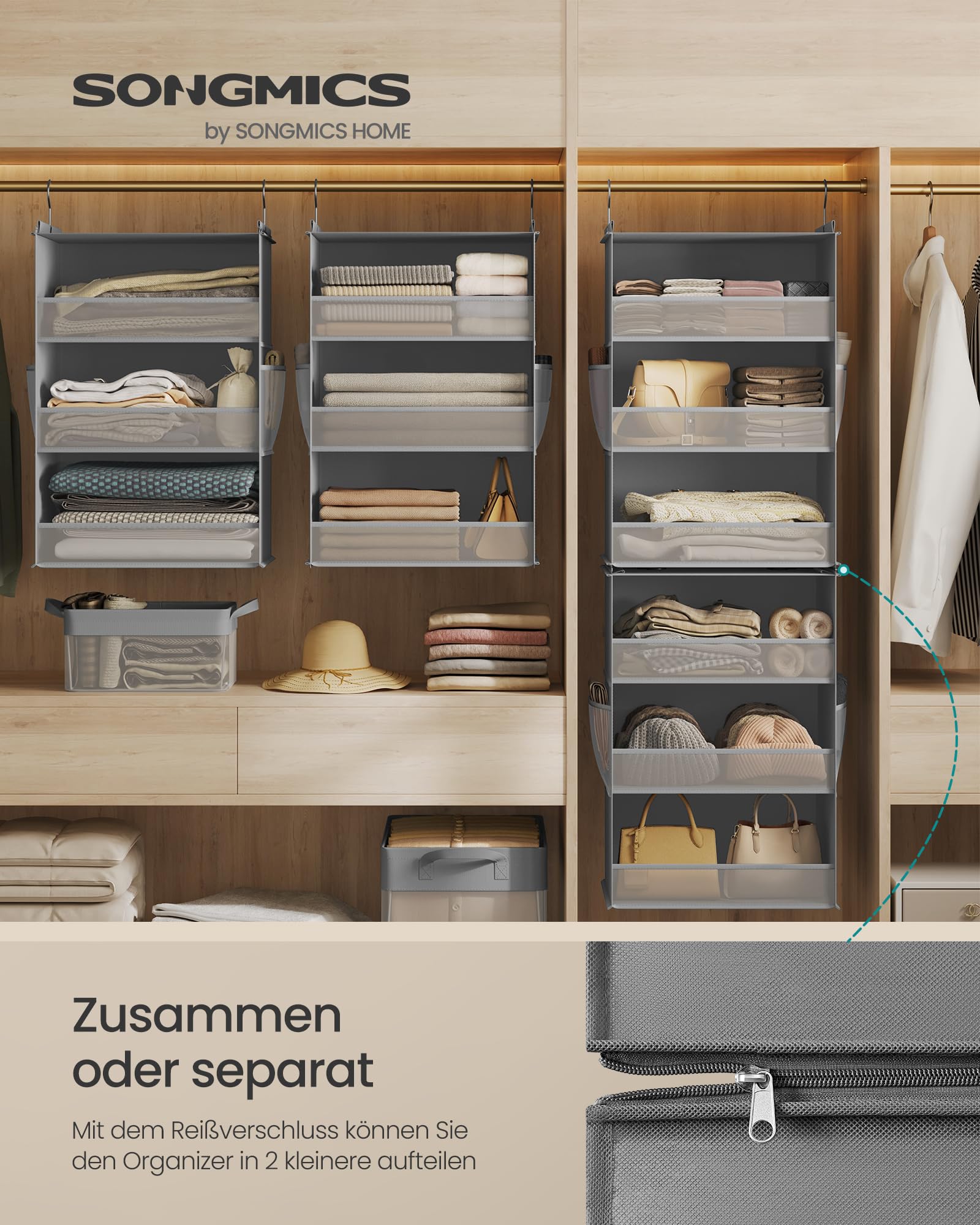 SONGMICS Hängeorganizer, Schrank-Organizer, Hängeregal aufteilbar, Hängeaufbewahrung, faltbar und platzsparend, Metallhaken und Bambus-Einsätze, Taubengrau RCH007G01 2