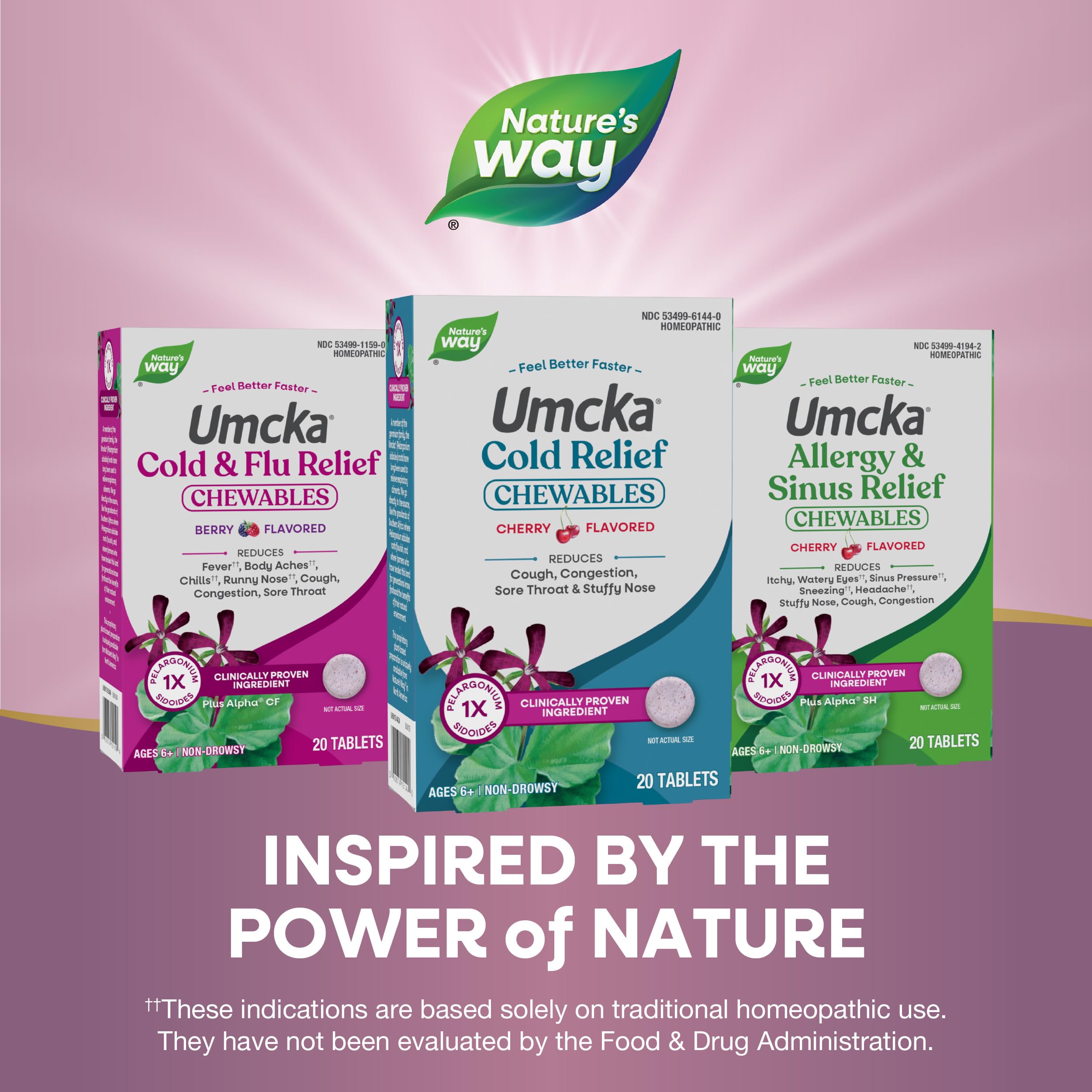 Nature's Way Umcka Cold Relief, Shortens Duration and Reduces Severity, Multi-Symptom Cold Relief, Homeopathic, Phenylephrine Free, Cherry Flavored, 20 Chewable Tablets