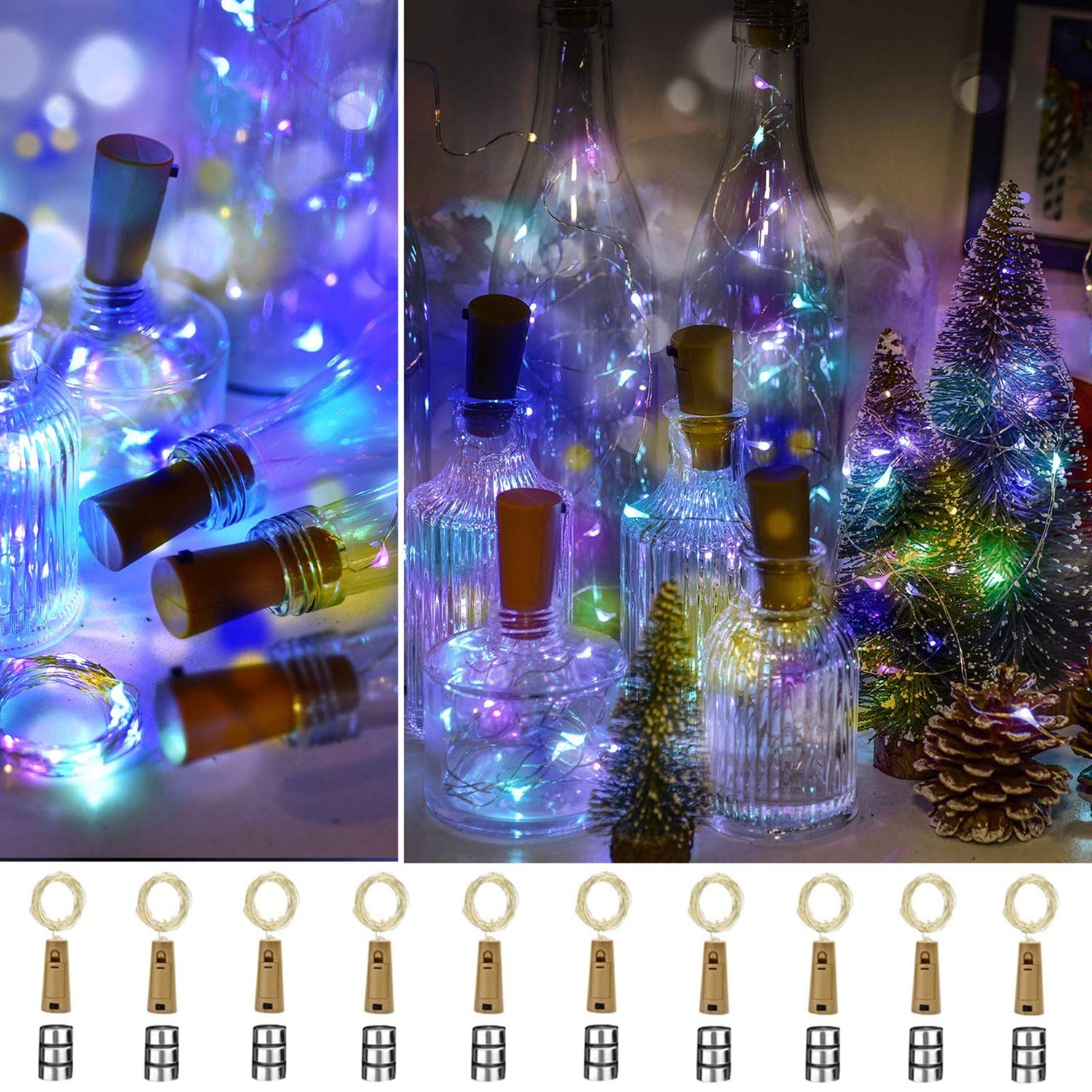 ooklee 10 Wine Bottle Lights with Cork, 2m 20 LED Bottle Top Lights Battery Operated, Copper Wire Mini Fairy String Lighting for Bottle Table Party Wedding Jar Xmas Decor(Multi Colour)