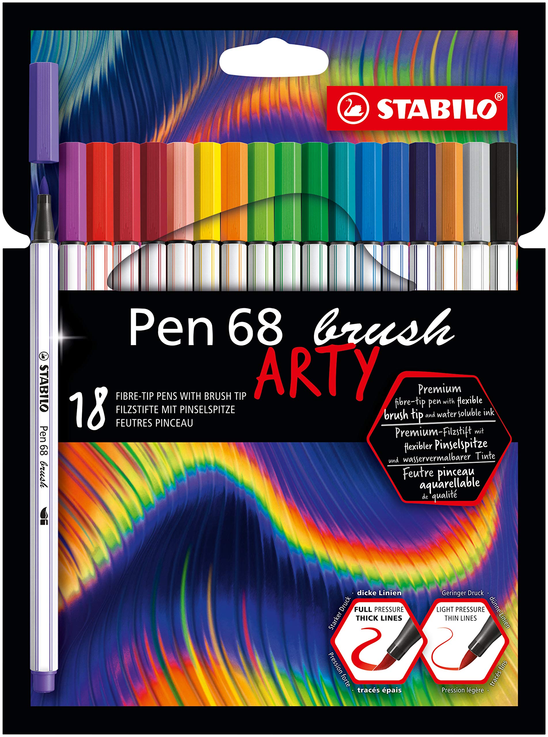 STABILO Pen 68 brush - Premium Fibre-Tip Pen with Brush Tip - ARTY - Pack of 18 - Assorted Colours โ image 1