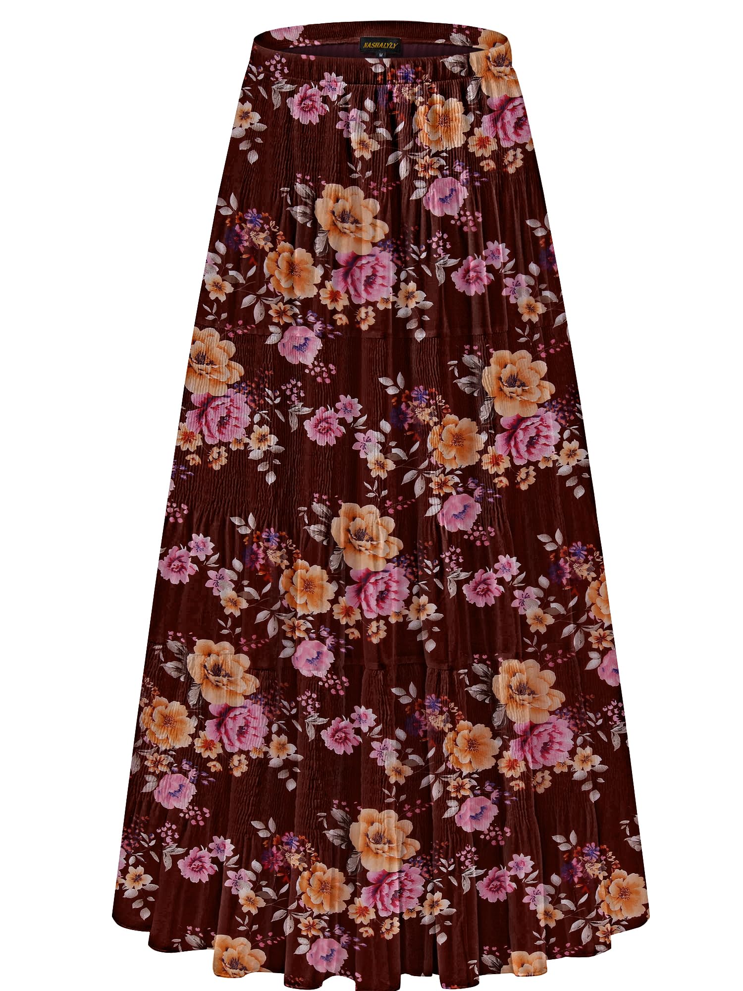 NASHALYLY Women's Chiffon Elastic High Waist Pleated A-Line Flared Maxi Skirts(Wine Red Floral,L) Image