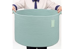BOSROTY Extra Large Blanket Basket 87L, Laundry Hamper, Baby Nursery Hamper, Large Laundry Basket For Girls Boys, Woven Basket, Cotton Rope Basket, Clothes Basket Laundry, 22”x 14”, Light Green