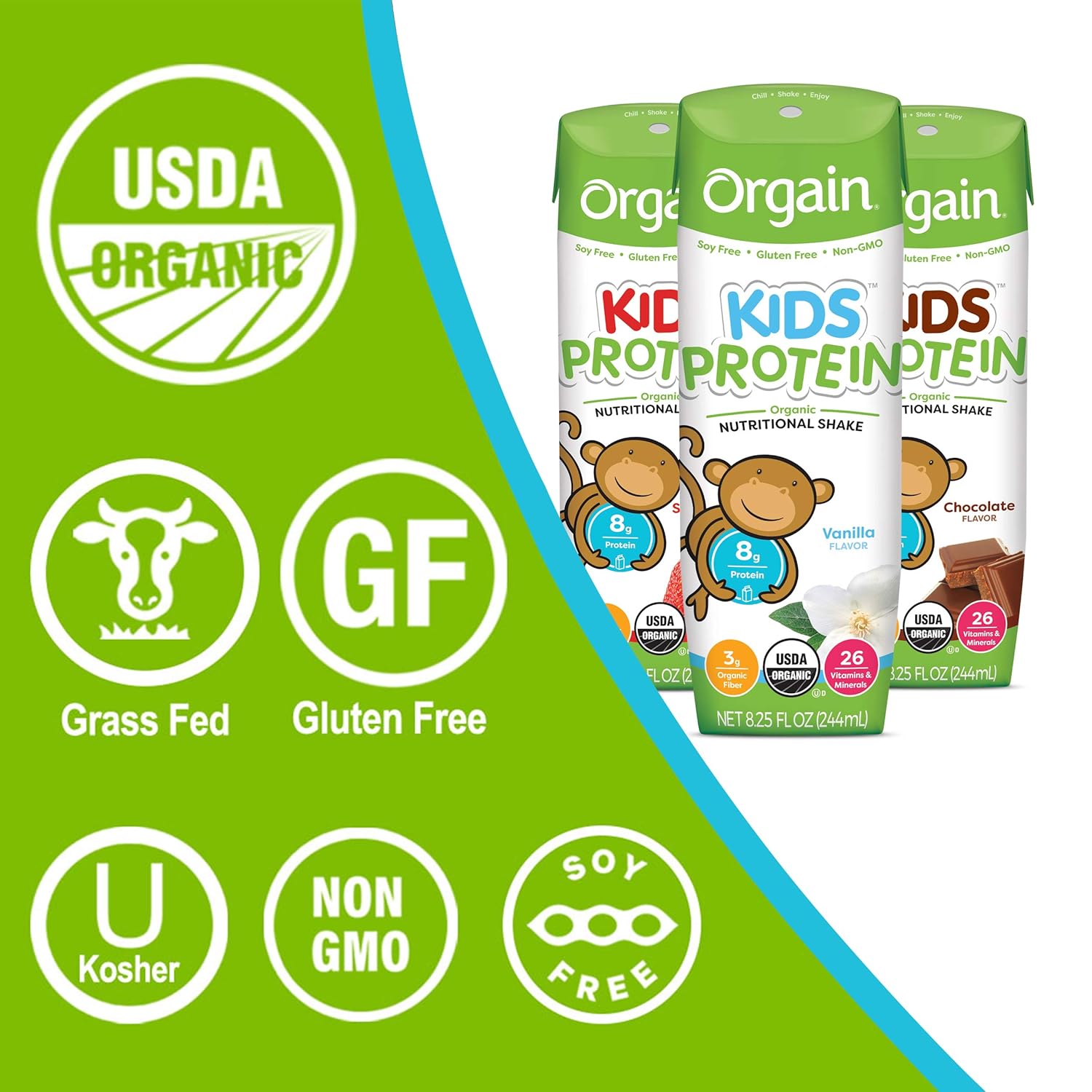Orgain Organic Kids Protein Nutritional Shake, Vanilla - Great for Breakfast & Snacks, 26 Vitamins & Minerals, 10 Fruits & Vegetables, Gluten Free, Soy Free, 8.25 Oz, 12 Count (Packaging May Vary) : Meal Replacement Drinks : Grocery & Gourmet Food