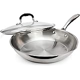 AVACRAFT 18/10 Stainless Steel Frying Pan with Lid and Side Spouts, Induction Compatible Stainless Steel Skillet Frying Pan w