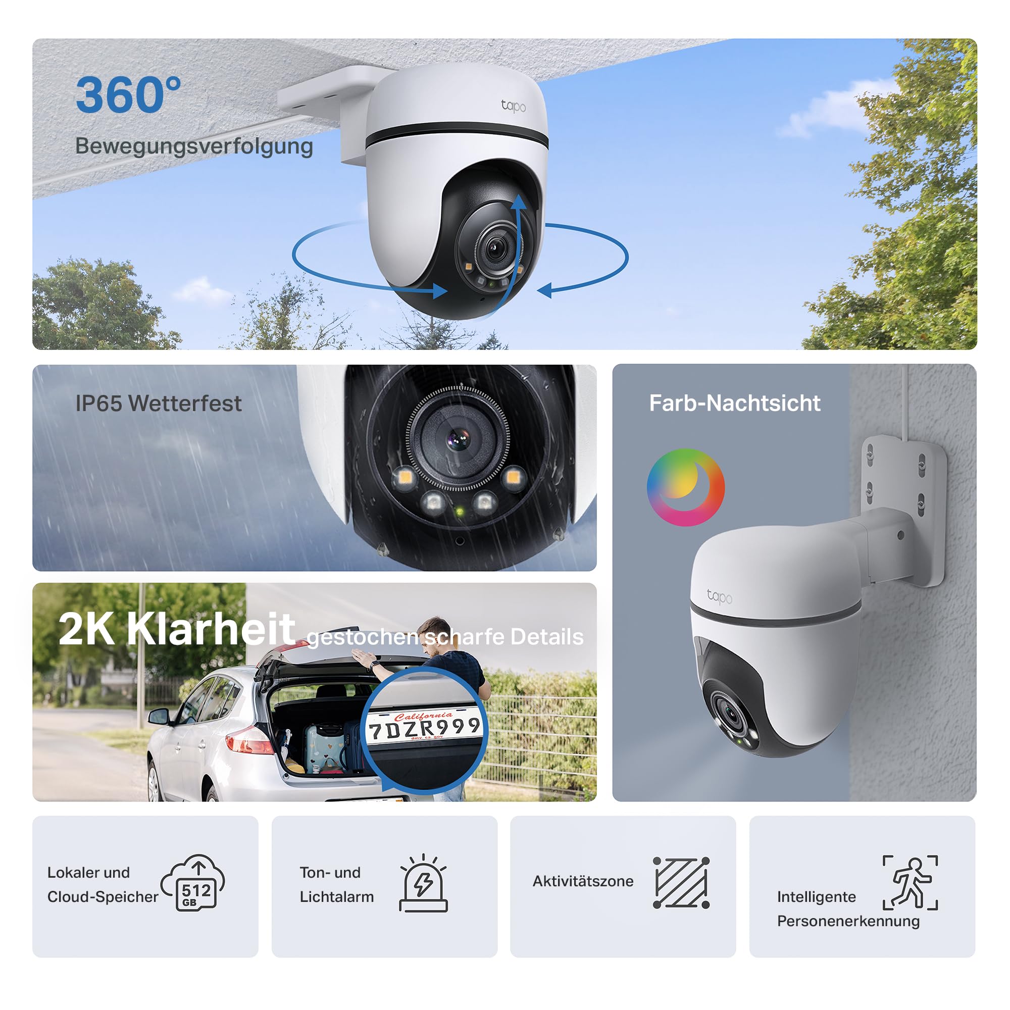 Tapo C51A 2K WLAN Überwachungskamera Außen, 360° Schwenk-/Neige, Vollfarbige Nachtsicht, Personenerkennung, Bewegungsverfolgung, Zwei-Wege-Audio, microSD-Karte bis zu 512 GB 2