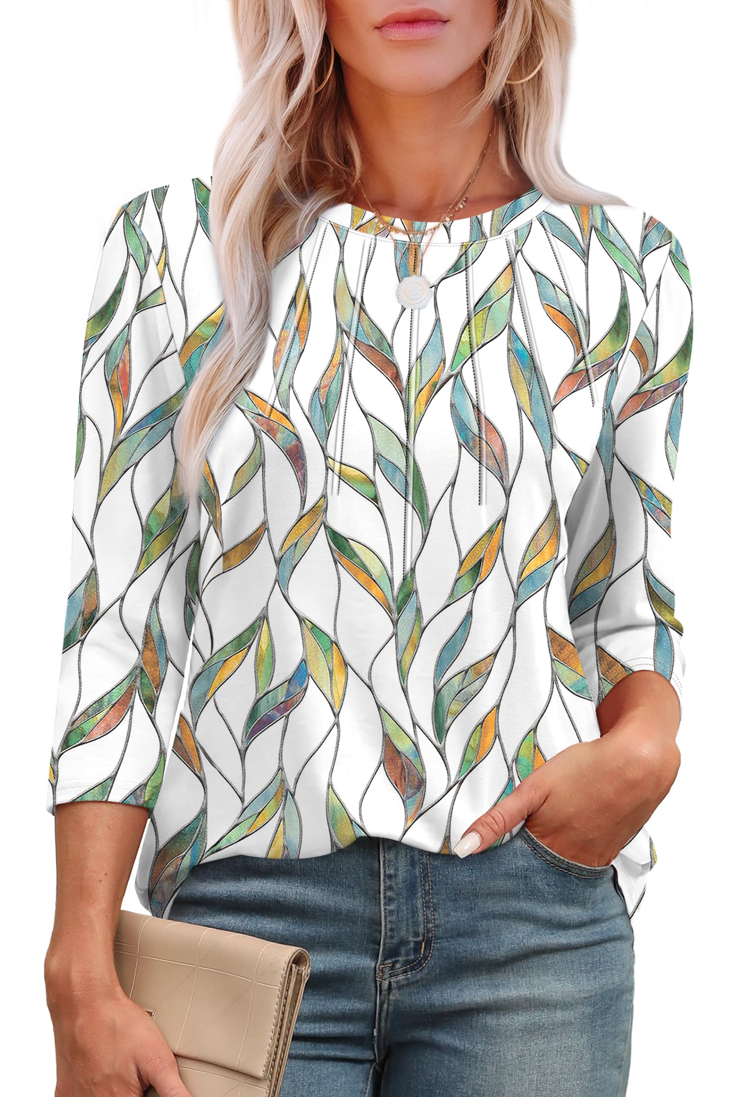 Aokosor Womens 3/4 Sleeve Tops Ladies Blouses Crew Neck Pleated Shirts Fashion Dressy Tunic Blouses