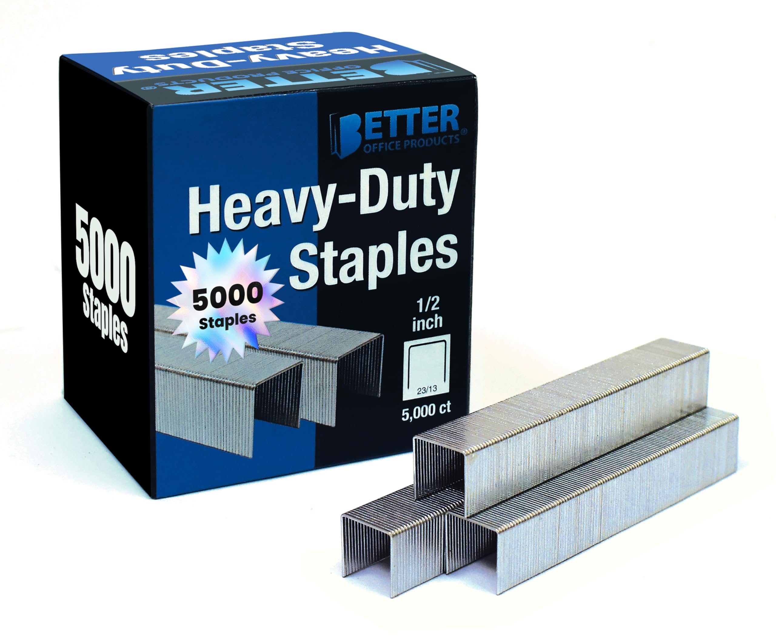 Better Office Products 5,000 Count Heavy Duty Staples, 23/13, 1/2-inch Staples, 100/Strip, Chisel Point Tips, High Capacity, by