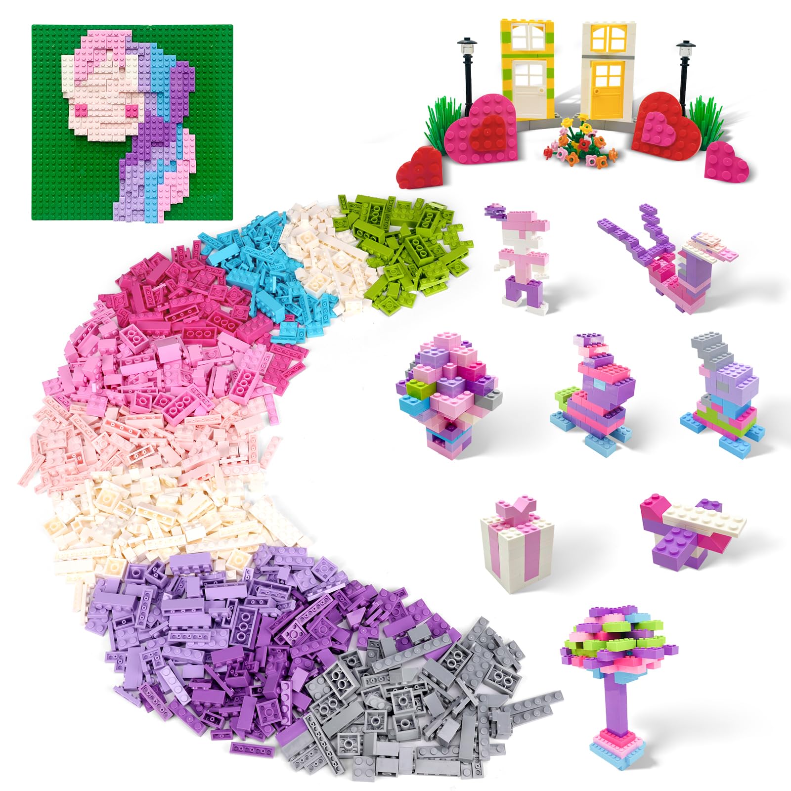 1200 pcs Building Bricks Set, Pink Building Blocks Toys for Girls Compatible with Lego, Includes Dual-Sided and Single-Sided Baseplates, Variety of Accessories to Spark Imagination