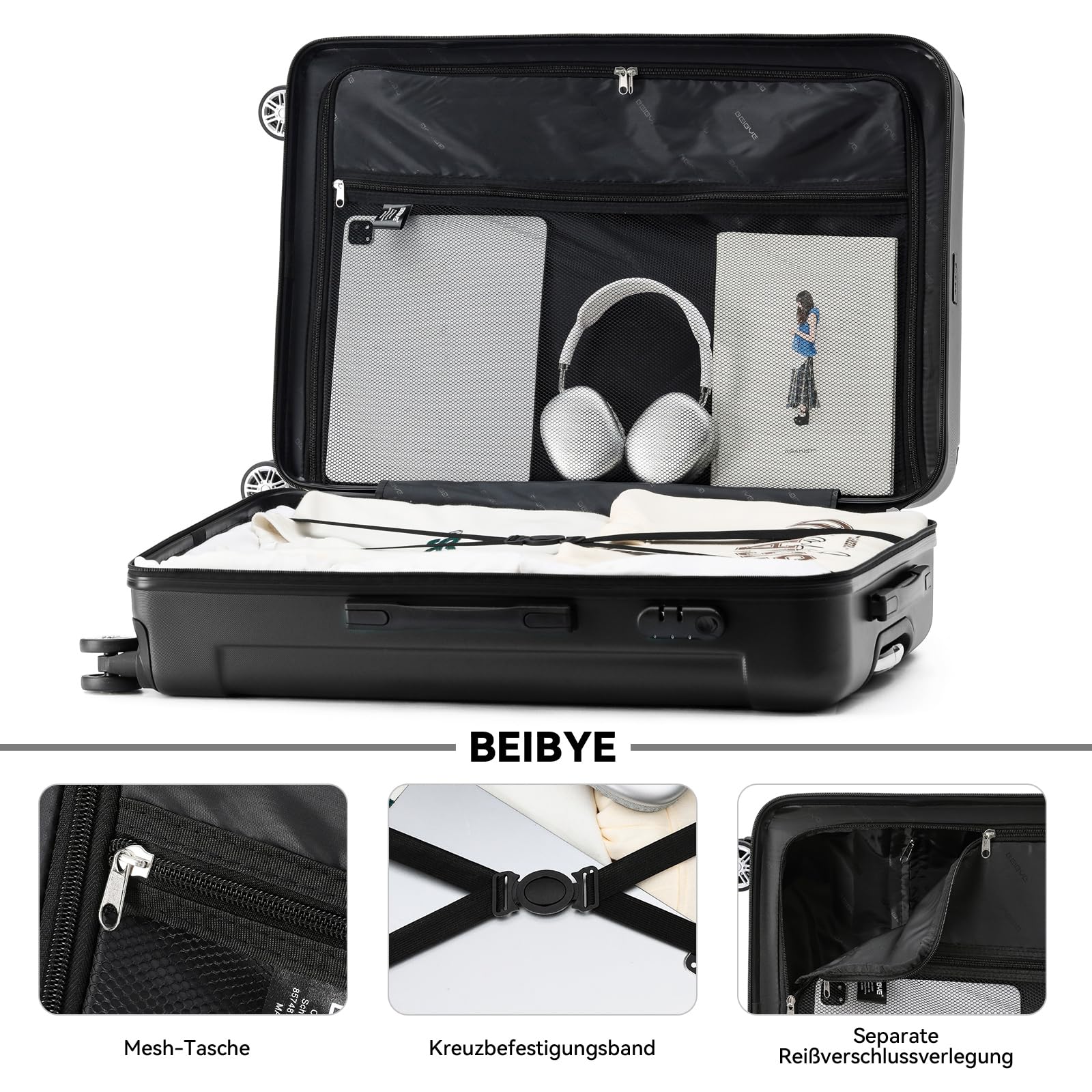 BEIBYE Handgepäck Koffer M 55 cm – Kabinenkoffer aus ABS, leicht, 360° Doppelrollen, Reisekoffer für Kurzreisen, Schwarz 5