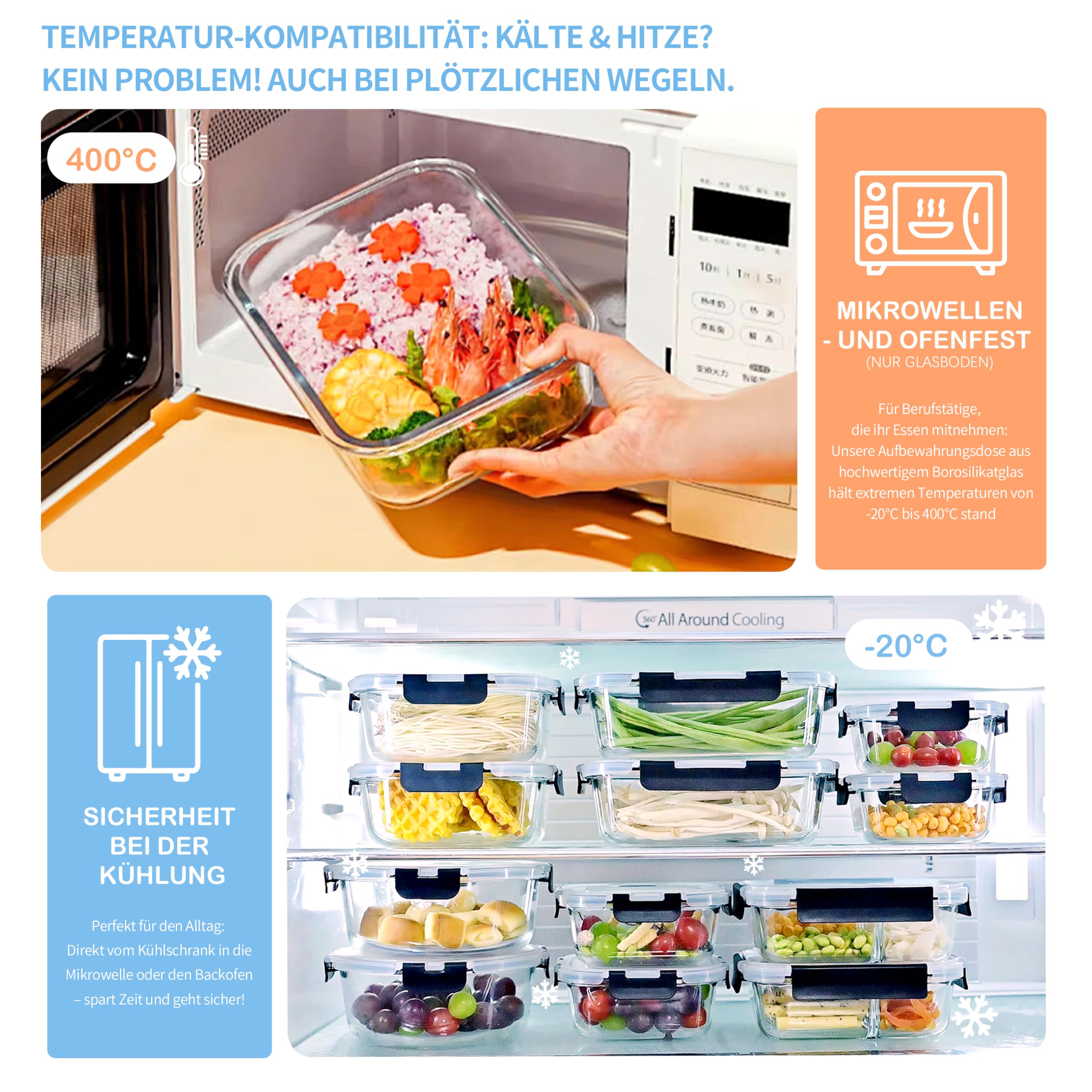 ERUIV Meal Prep Boxen Glas, [4 Behälter + 4 Deckel] Meal Prep Glas-1520ml, Frischhaltedosen Glas, Gefrierdosen Set Mit Dampfventil, Glasdose transparent Mit Deckel, BPA-freie Vorratsdose Glas 4