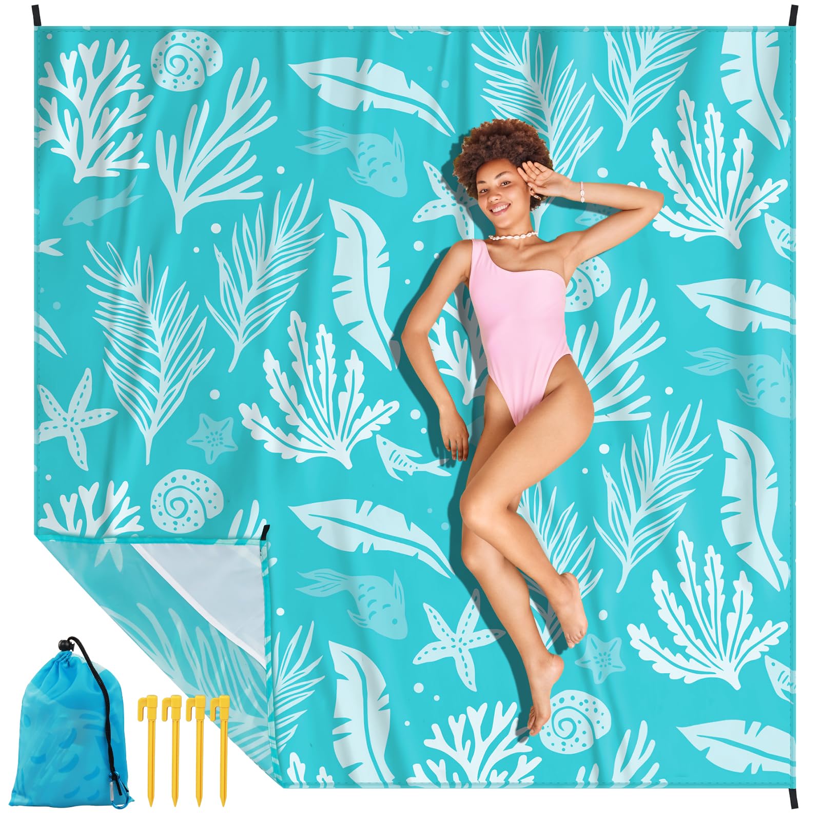Beach Blanket, Sand-Free, 210 x 200 cm, Picnic Blanket, Waterproof, Comfortable 210D Nylon, Foldable Beach Mat, Beach Towel for 1-4 People, Lightweight, Compact, Perfect for Travel, Beach Holidays