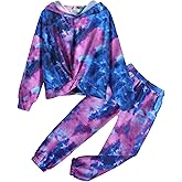 Arshiner Girl's 2 Piece Outfits Tie-dye Twist Front Pullover Hooded Sweatsuits Sweatshirt and Sweatpants Clothing Set