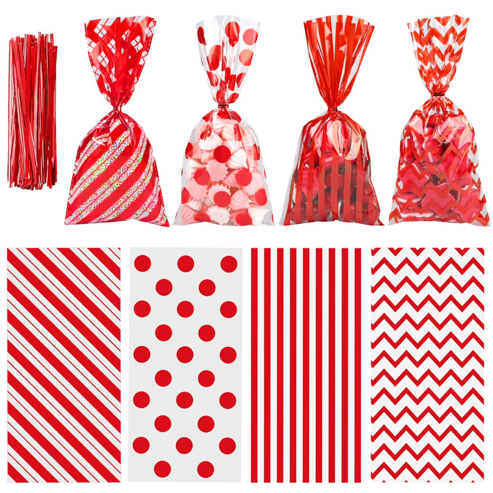 Aneco 100 Pack Red Cellophane Bags Plastic Candy Bags Gift Bags Goodie Bags with Twist Ties for Valentine, Birthday, Gift Cookie Snack Packing Party Favor Supplies