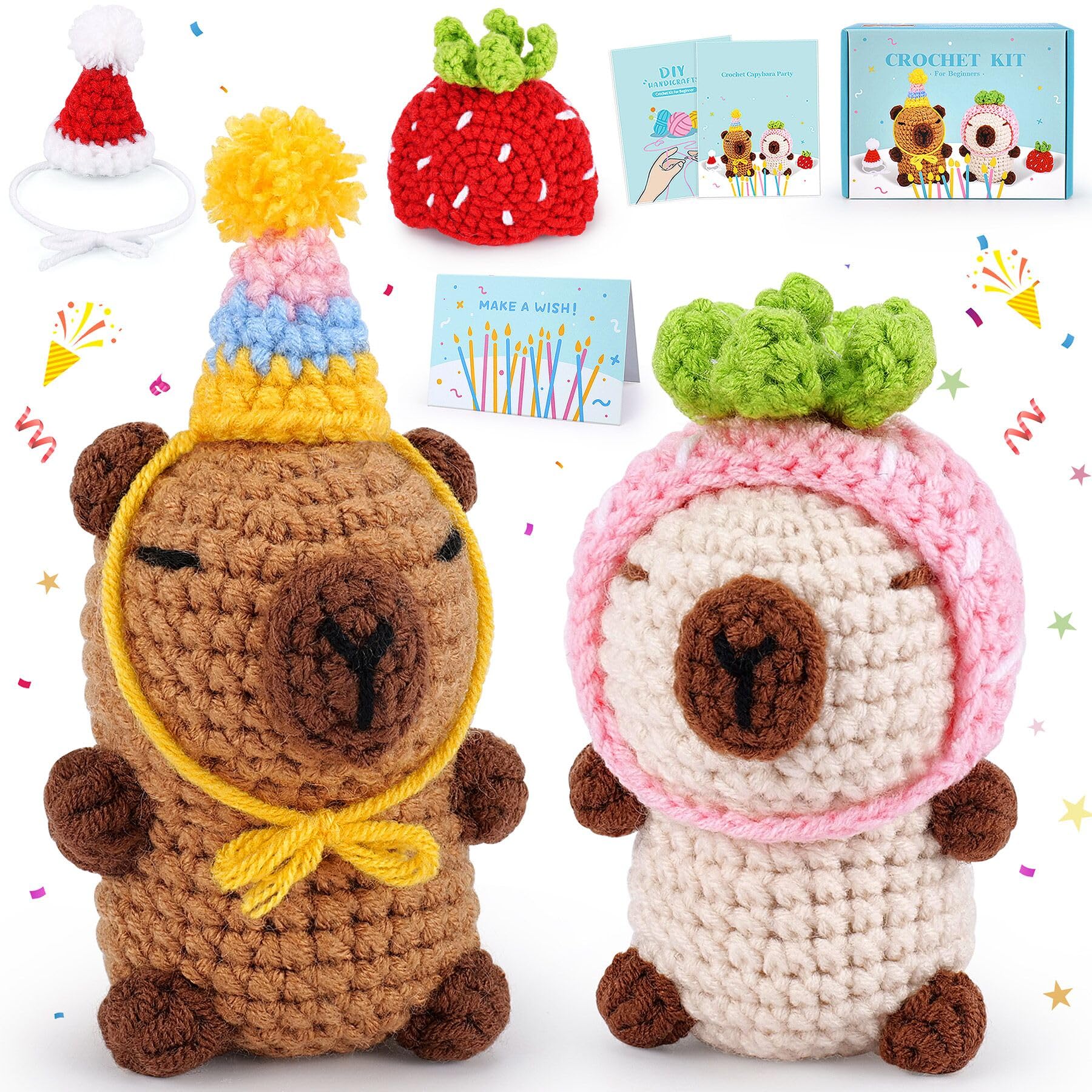 Capybara Crochet Kit for Beginners Animal Knitting Kit Animal Crochet Capybara Kits Crochet Animals with Video, Christmas Decor Crochets Starter Kit with Hats Beginners Crochet Kit 2pcs Xmas Gift