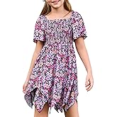Haloumoning Girls' Summer Floral Dress Kids Short Sleeve Square Neck Smocked Flowy Dresses 5-14 Years