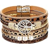 JAVMOO Leather Wrap Bracelets for Women, Boho Leopard Multi-Layer Crystal Beads Cuff Jewelry