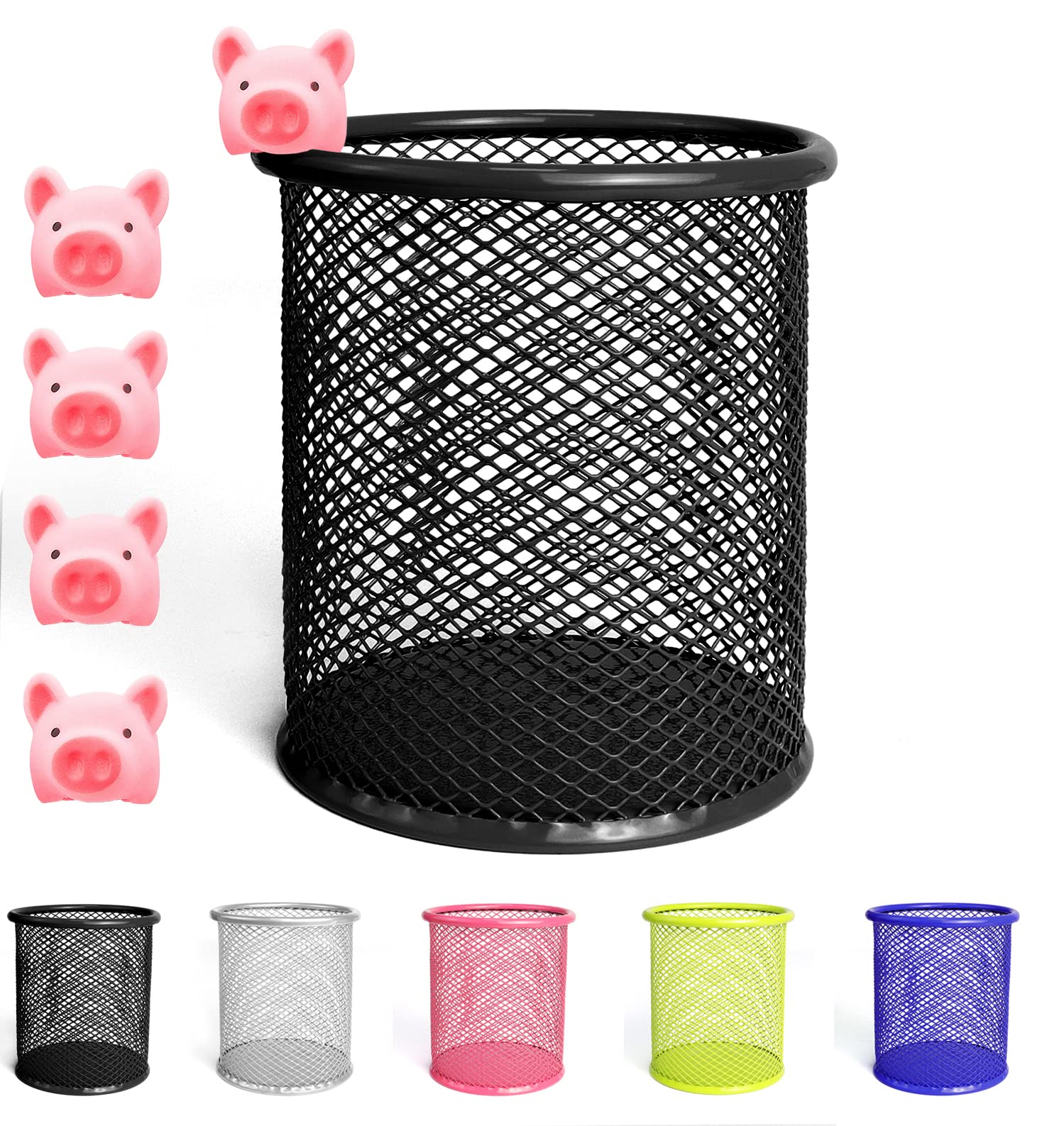 Heatigo Pen Holder for Desk, Include 5Pcs Squeeze Toy Pig, Mesh Metal Pen Pot Cup Marker Holder Makeup Brush Holders, Desk Accessories & Workspace Organizers for Home, School & Office