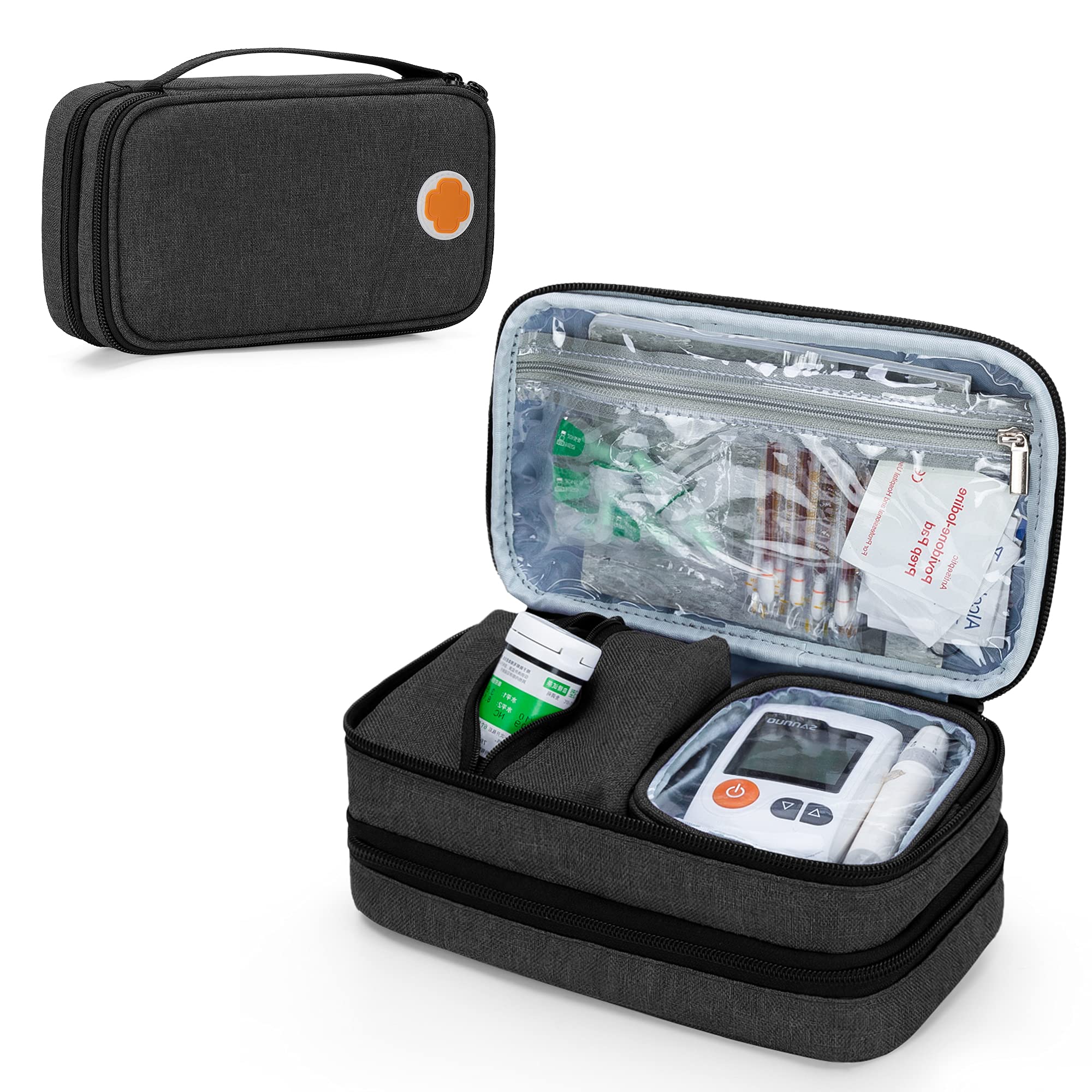 CURMIO Insulated Insulin Cooler Travel Case, Double Layer Diabetic Supplies Storage Bag with Detachable Pouches for Insulin Pens, Diabetic Medication or Ice Packs, Black