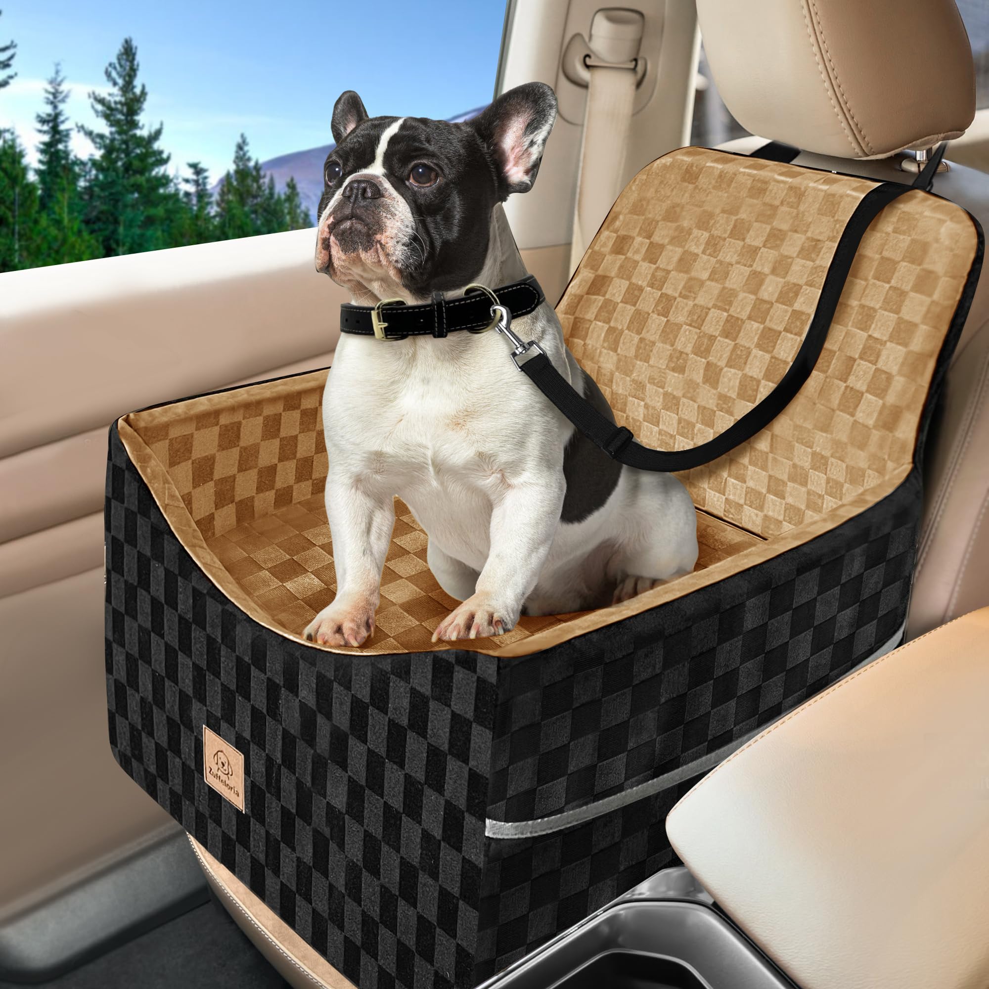 Photo 1 of Dog Car Seat for Small and Medium Dogs Up to 35 lbs –Memory Foam Dog Booster Seat with Safety Leash & Storage Pockets, Fits Front & Back Car Seats, Removable Washable Cover – Black & Brown