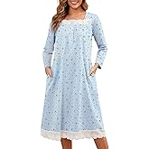 Bloggerlove 100% Cotton Nightgowns for Women Button Down Long Sleeve House Dress Lace Nightdress with Pockets
