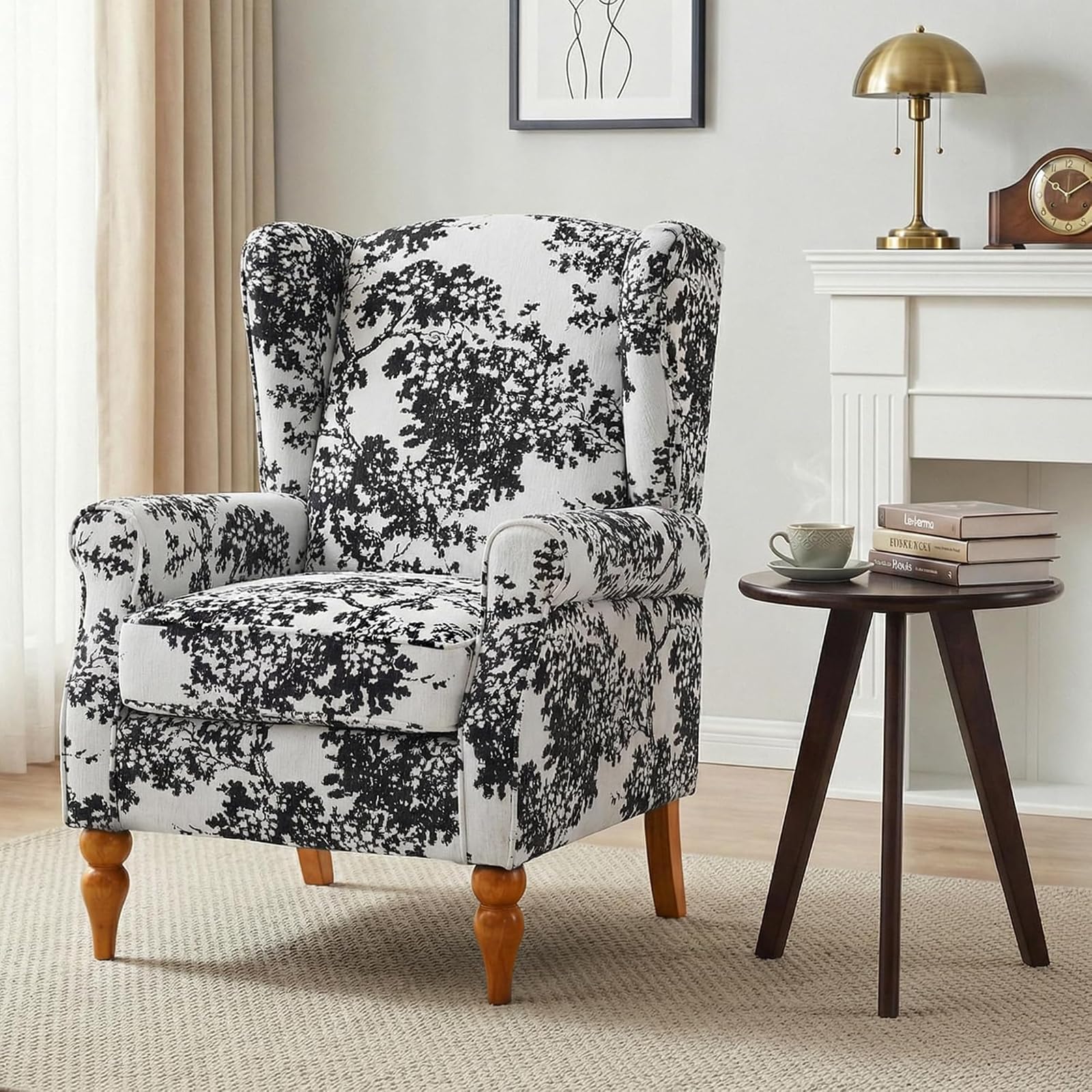 Premurehom High Back Wingback Accent Chair, Modern Upholstered Armchair Comfy Reading Chair with Solid Wood Legs for Living Room Bedroom Library, Floral