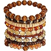 Kysin Chiys Bohemian Multilayer Stackable Crystal Beaded Bracelet Set Colorful Surfer Heishi Clay Gold Brown Beaded Friendship Stretch Bracelets for Women Men Summer Beach Boho Vacation Jewelry