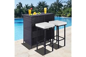 Affmitime Patio Outdoor Bar Set, 3-Piece Patio Wicker Furniture Set with Two Stools, Outdoor Bistro Set with Removable Cushions for Outside Poolside Backyard(Brown-Beige)