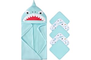 SYNPOS Baby Bath Towels Hooded, Hooded Baby Towel with 5 Washcloths, Ultra Absorbent, Perfect Newborn Essential Cute Shark Design - 30 x 30 Inch