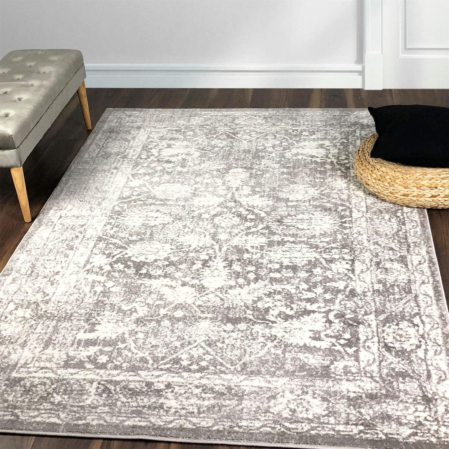 A2Z RugSantorini 6076 Grey Silver Vintage Overdyed Floral Pattern With