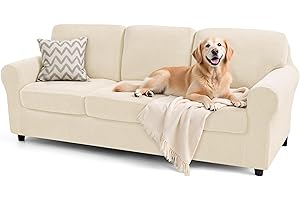 subrtex Slipcover Sets for Sofa, 7 Pieces Stretch Furniture Cover, Wear Resistant, Washable, Checkered Pattern, Ivory (Large)