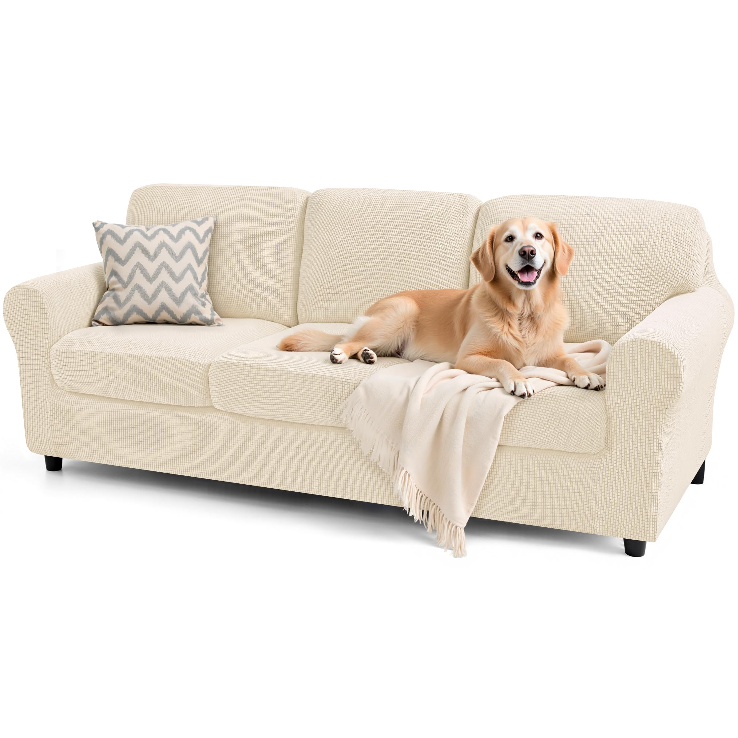 Photo 1 of subrtex Slipcover Sets for Sofa, 7 Pieces Stretch Furniture Cover, Wear Resistant, Washable, Checkered Pattern, Ivory (Large)