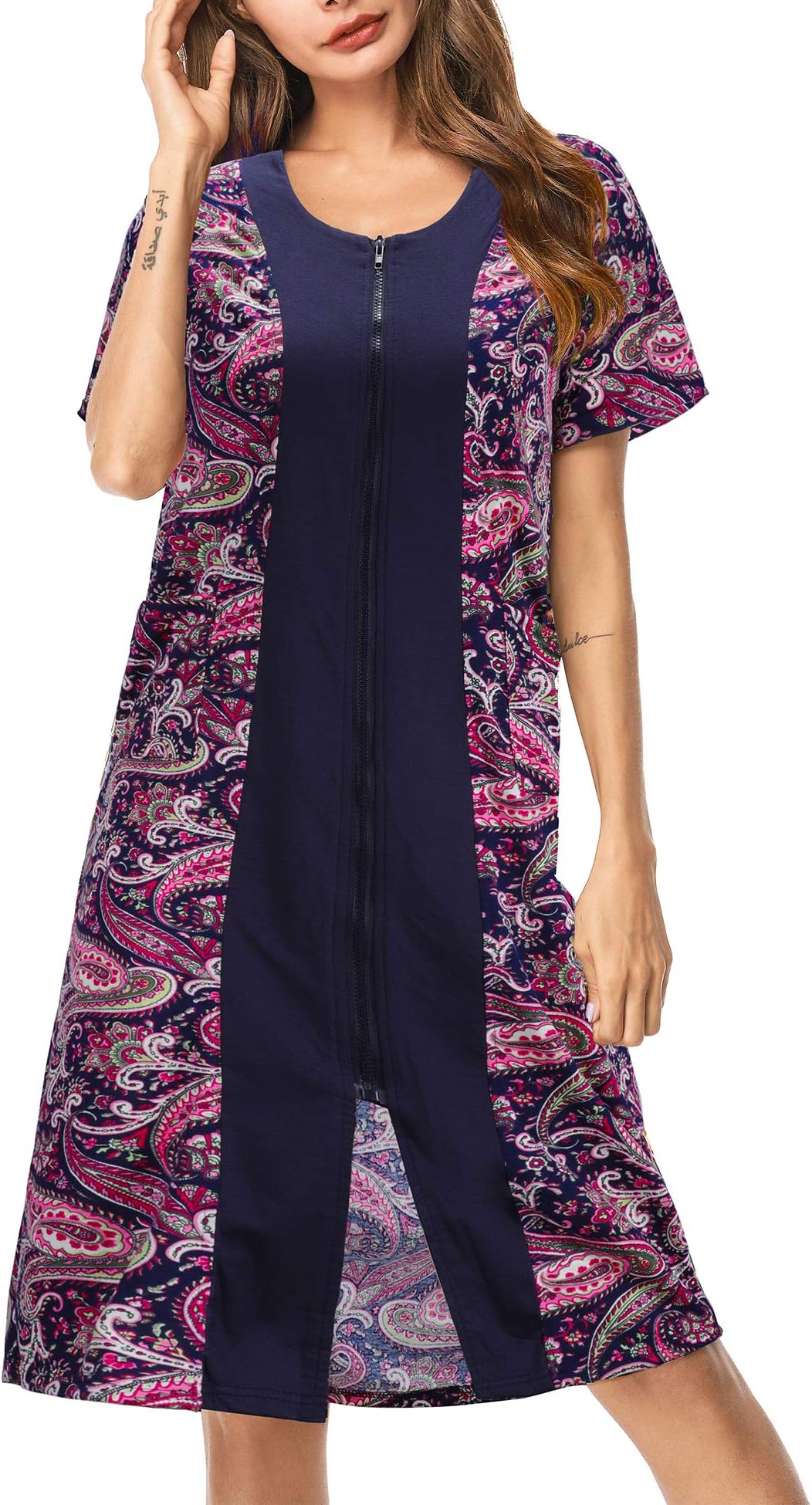 UUANG Women Zipper Robe Short Sleeve Loungewear Knee Length Nightgown Duster Housecoat with Pockets S-XXL