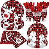 168PCS Christmas Reindeer Party Supplies Kit Xmas Cartoon Elk Party Decoration with Red and Black Plaid Snowflake Snowman Paper Plates Cups Napkins Dinnerware for Home Winter Xmas Holiday Serves 24